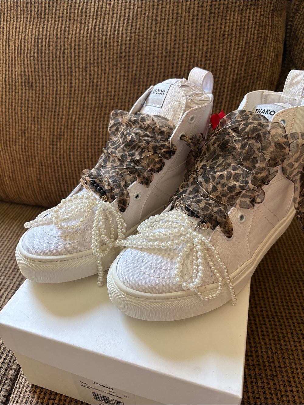 Thakoon White High-Top Sneakers with Pearl Strands & Leopard Laces, Size 37, NWT